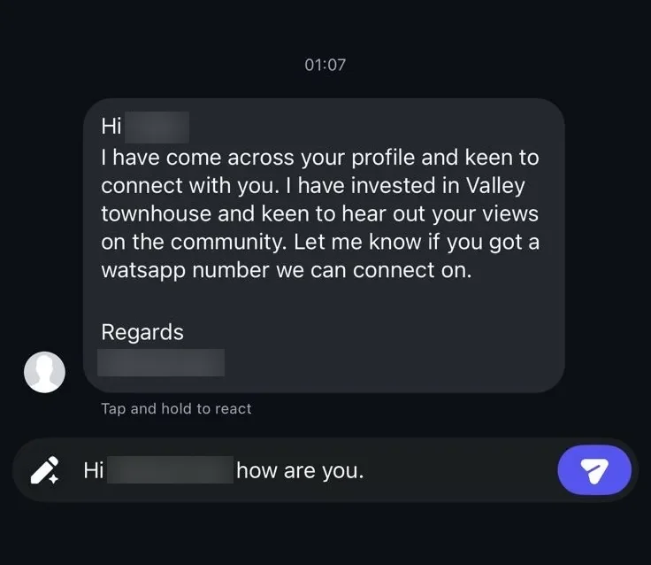 Instagram DM from a Valley townhouse investor