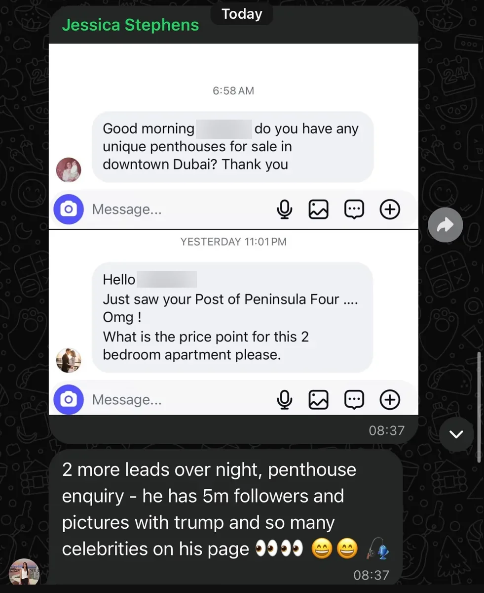 Two overnight leads — penthouse enquiry and a Peninsula Four 2-bed