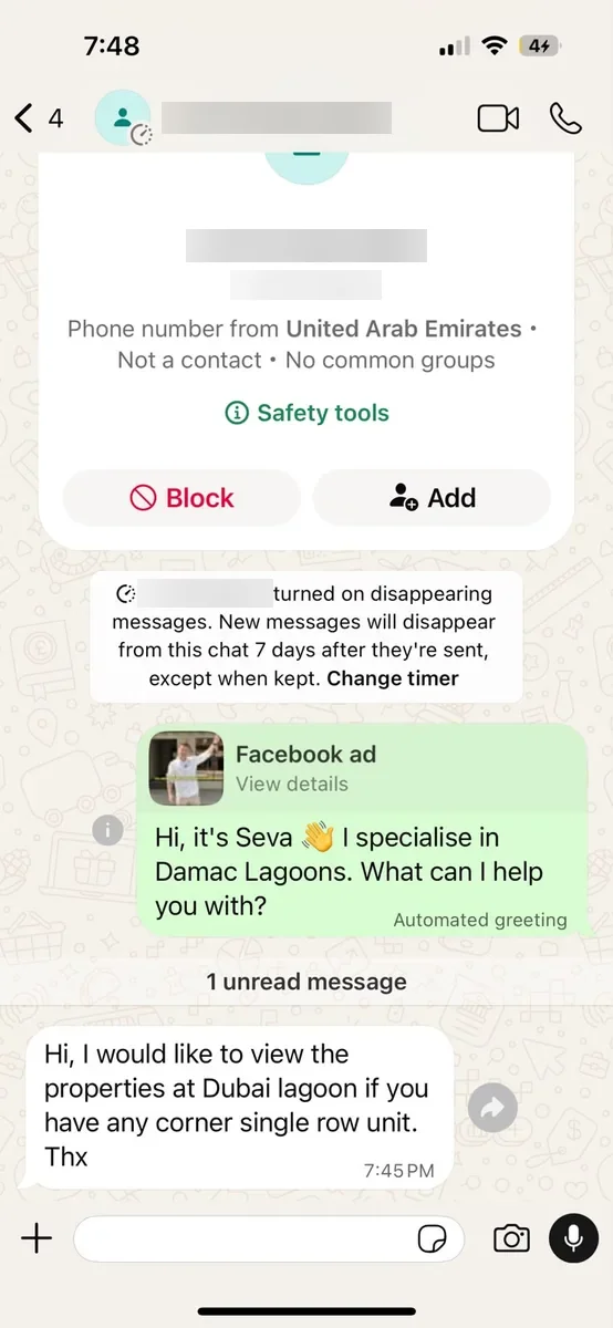 Facebook ad lead — Damac Lagoons corner unit viewing