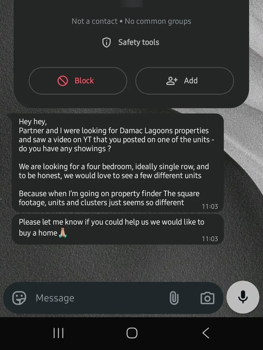 Damac Lagoons buyer enquiry from YouTube