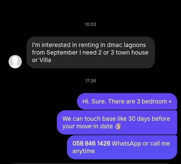 Instagram rental enquiry for Damac Lagoons