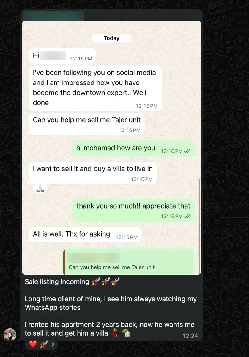 Long-time client from WhatsApp stories wants a sale listing